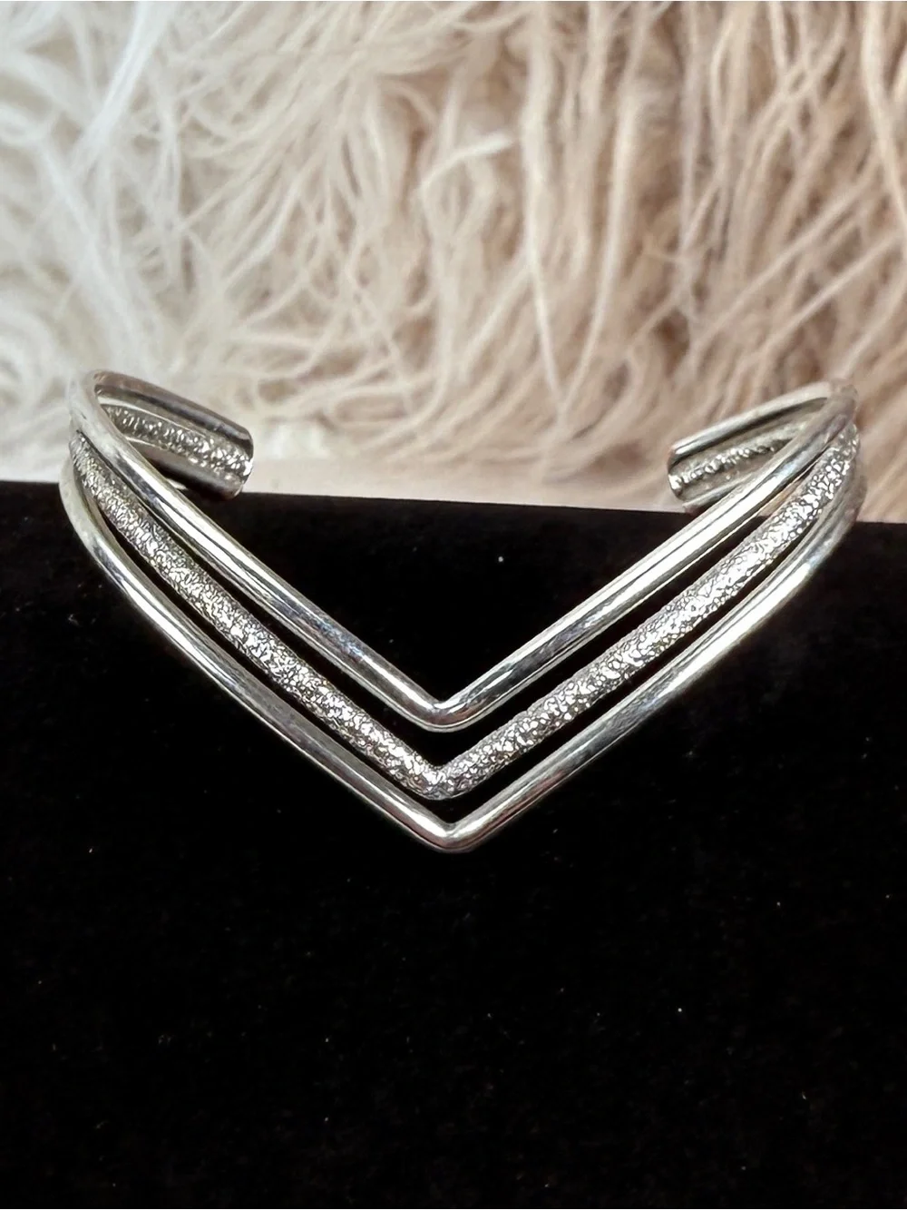 Vintage Silvertone Double V Open Cuff Bracelet Textured Statement Jewelry